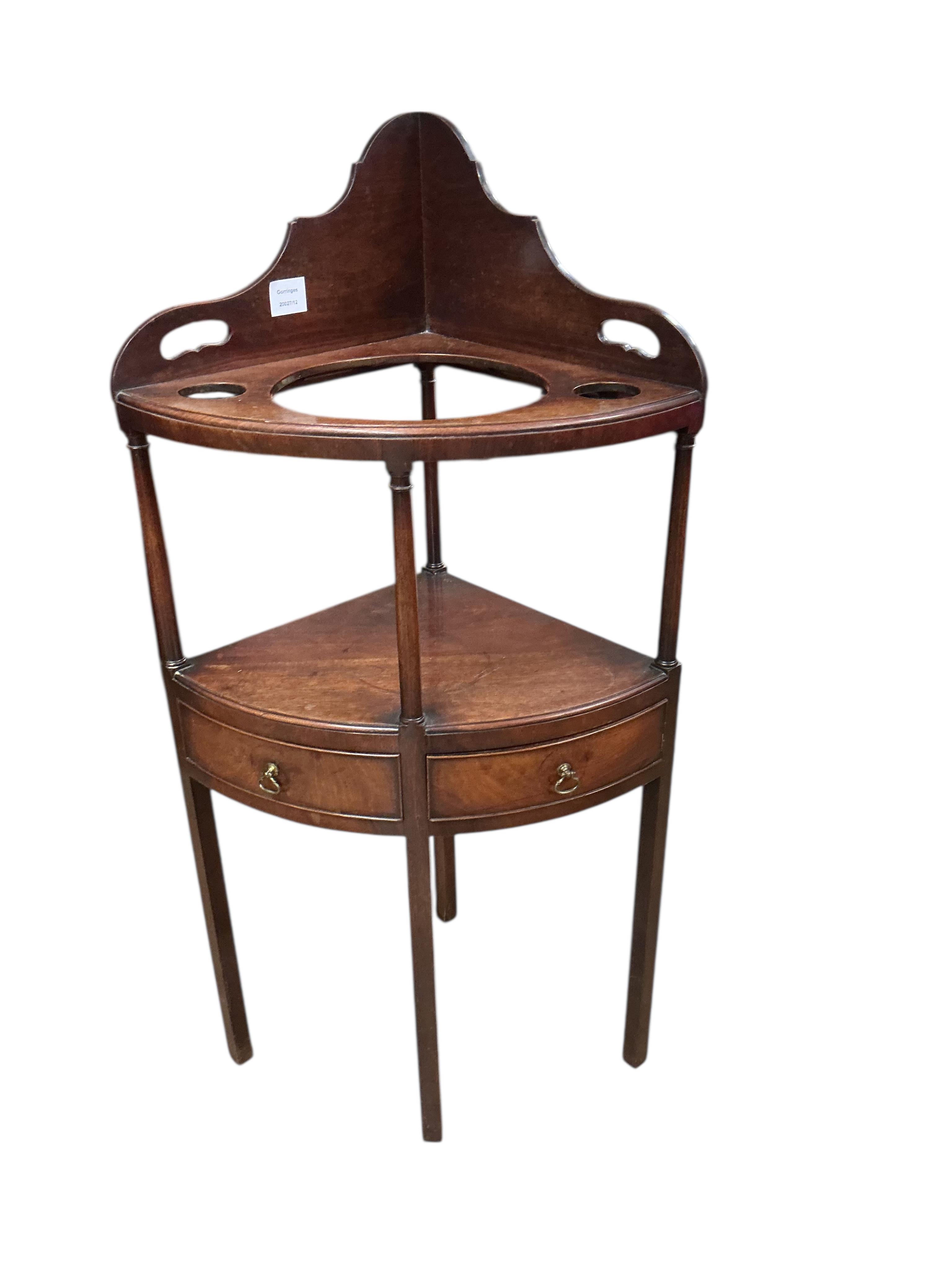A George III mahogany bowfront corner washstand, width 52cm, depth 37cm, height 102cm